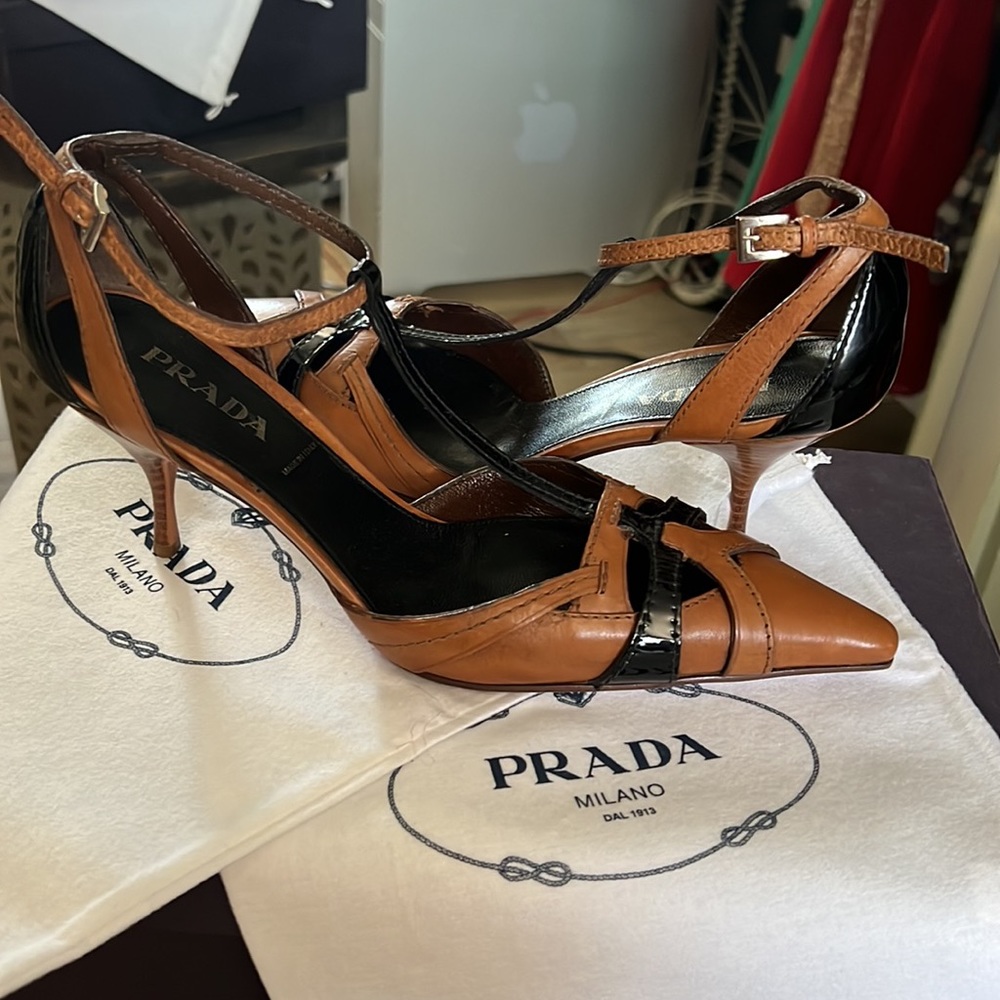 Prada Two-Tone Brown and Black Leather Pointed-Toe Heels